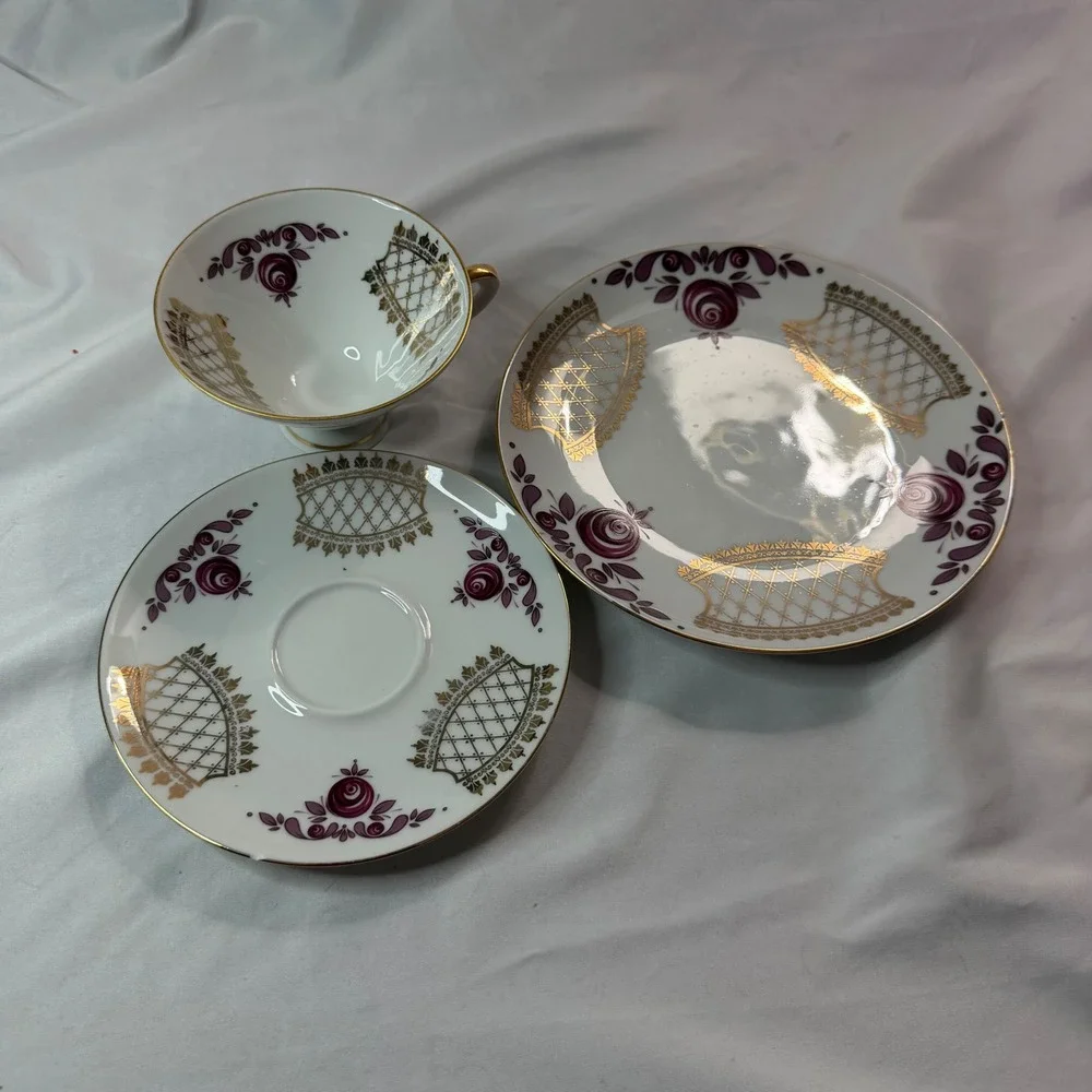 Winterling Roslau Bavaria Tea Cup Saucer Plate Trio Purple Rose Gold Gilt German
